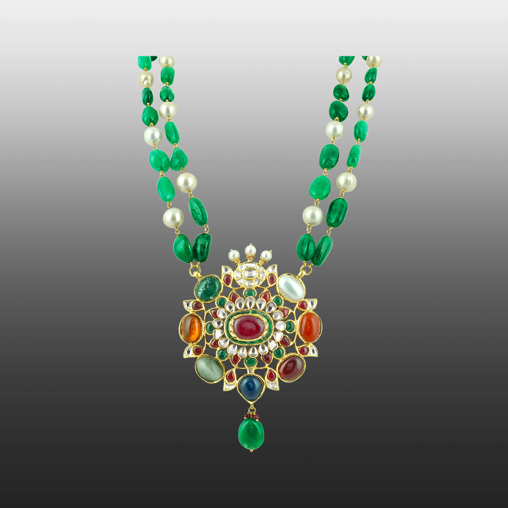 Navaratan Pendant Necklace with Emerald Maniya and Pearls